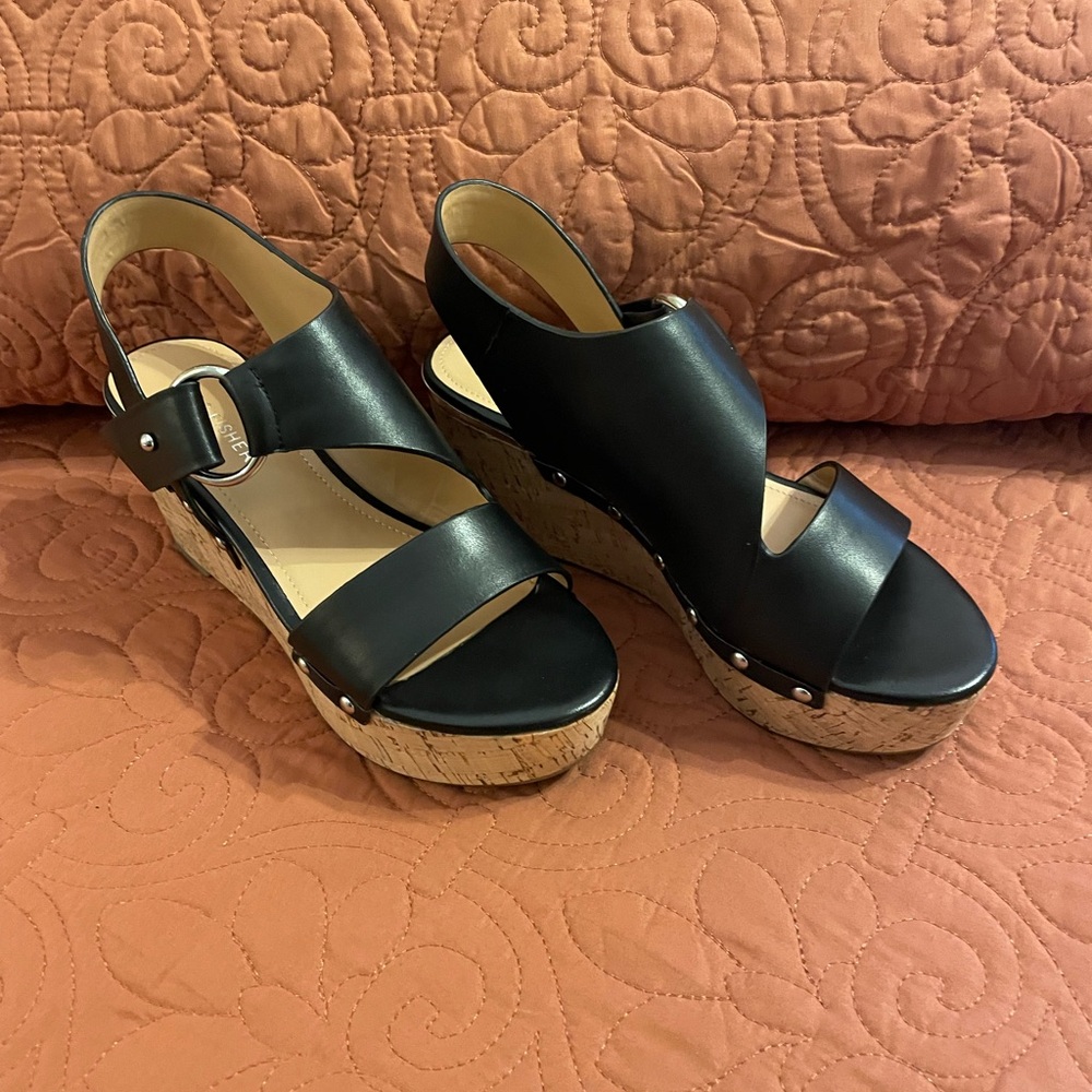 Marc Fisher Black Wedge Sandals with Crossover Straps